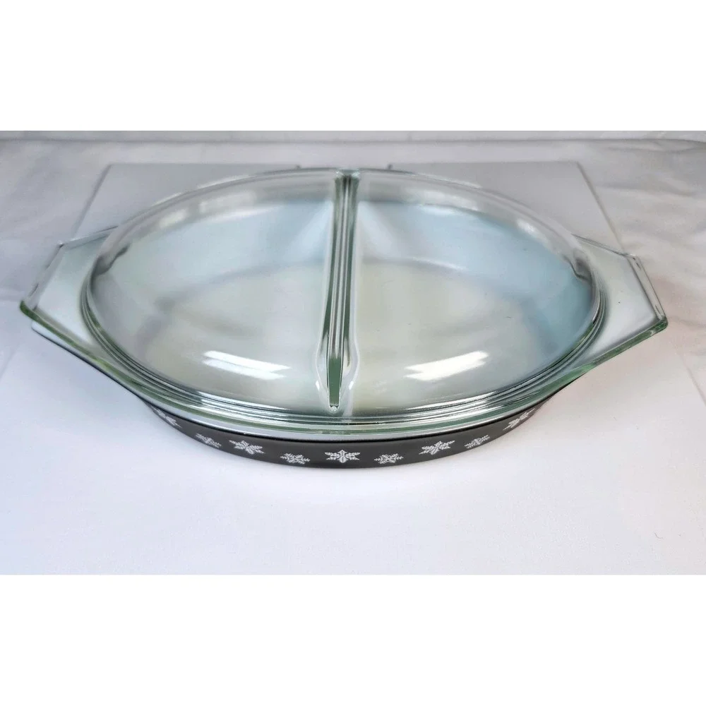 Vintage Pyrex MCM Divided Casserole Dish 1.5QT Black Snowflake Charcoal W/ Lid